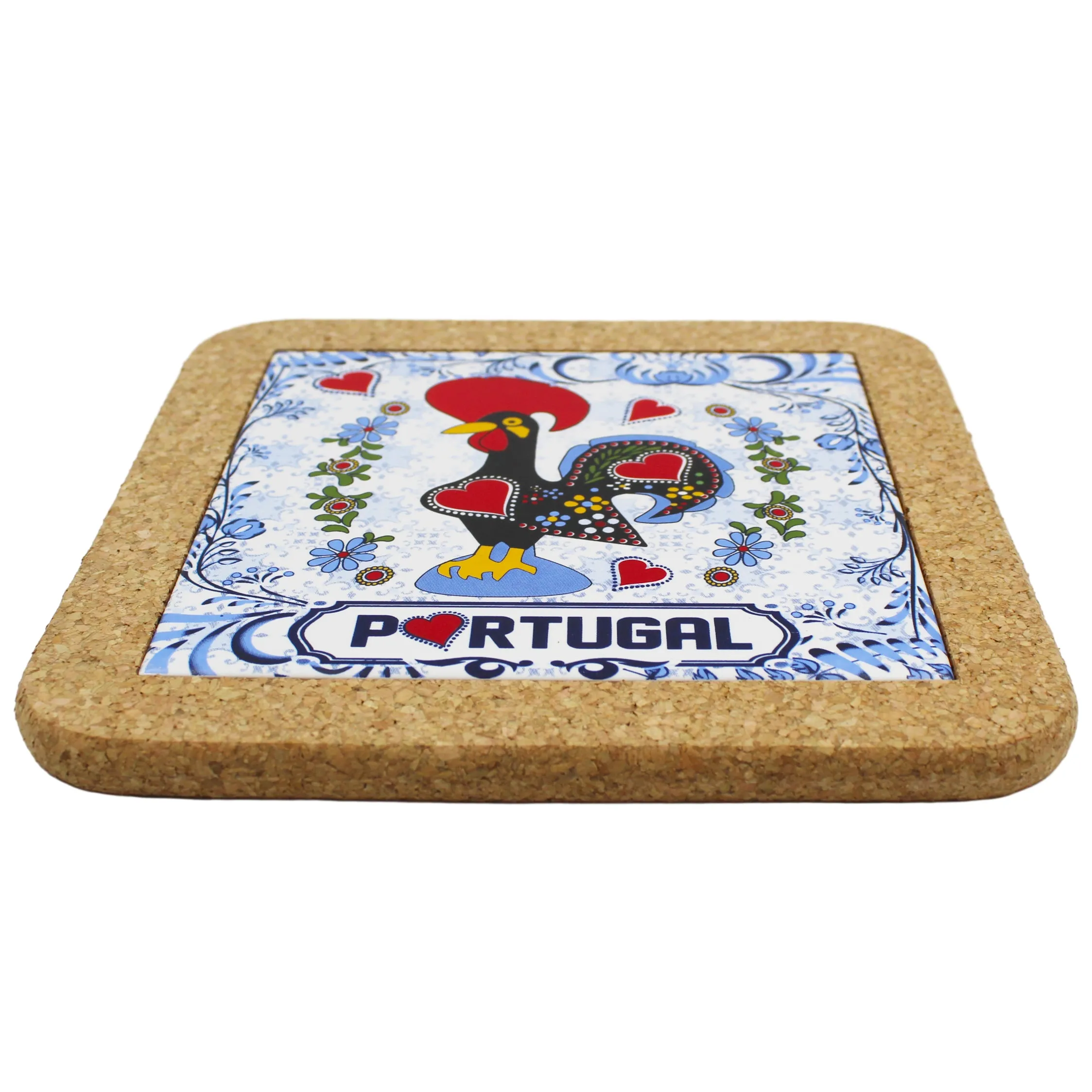 Traditional Portuguese Rooster Galo Barcelos Blue Tile Cork Trivet