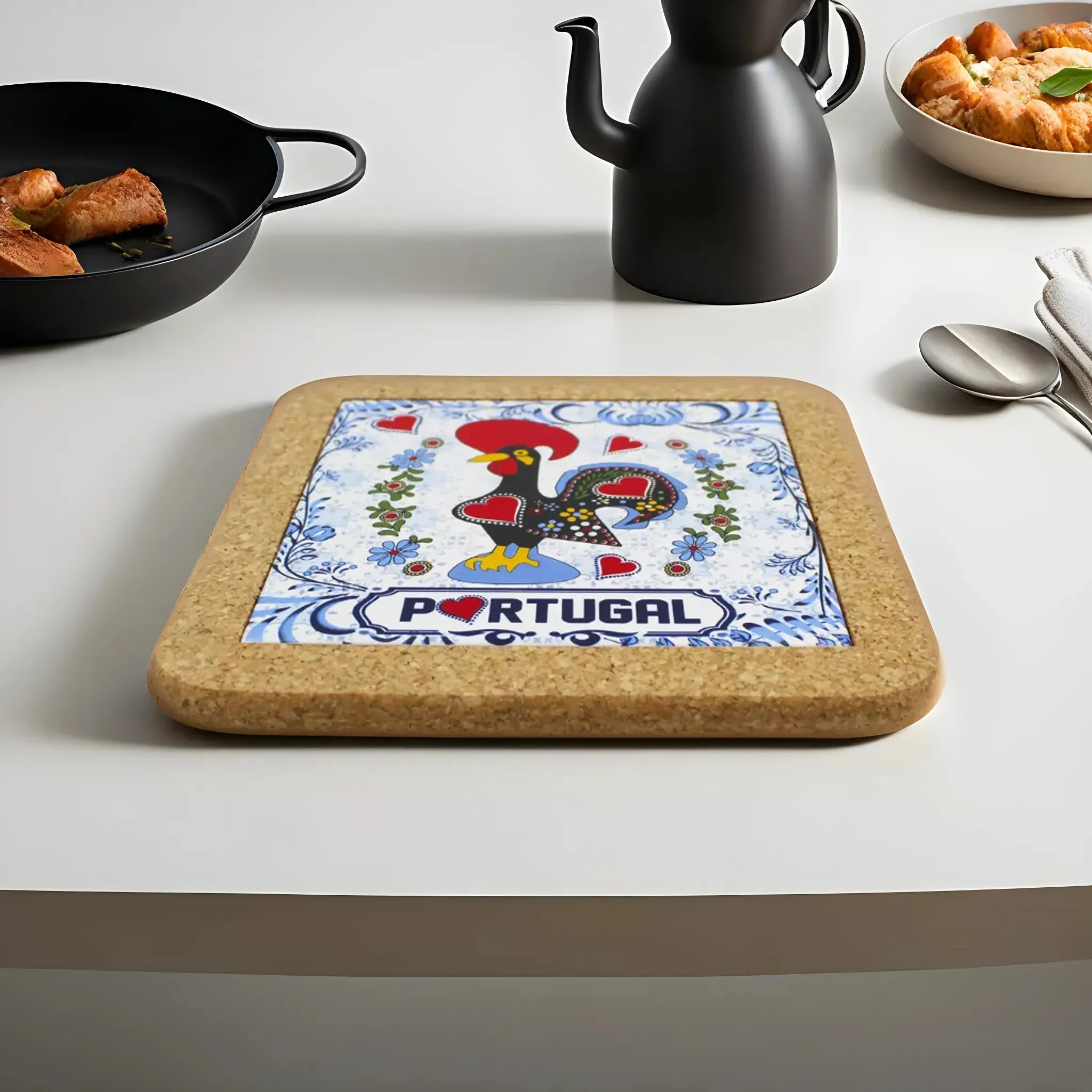 Traditional Portuguese Rooster Galo Barcelos Blue Tile Cork Trivet