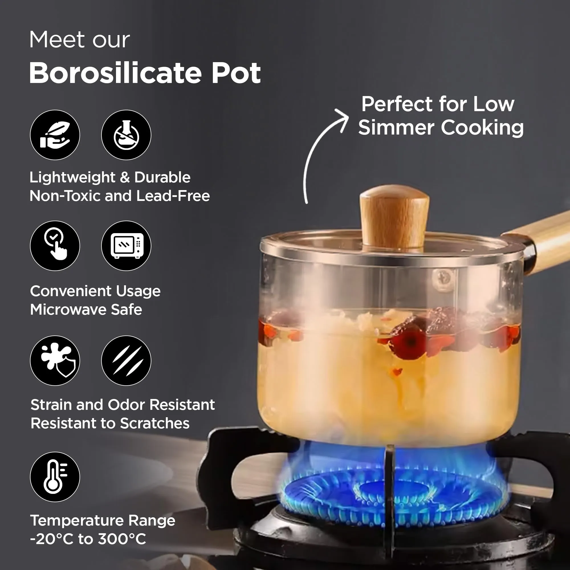 UMAI Borosilicate Glass Cookware for Gas Stove (1.45L) | Saucepan with Handle | Electric Pottery Stove | Handi for Cooking | Microwave Safe | Milk Pan | Sauce Pan for Tea with Long Handle (Amber)