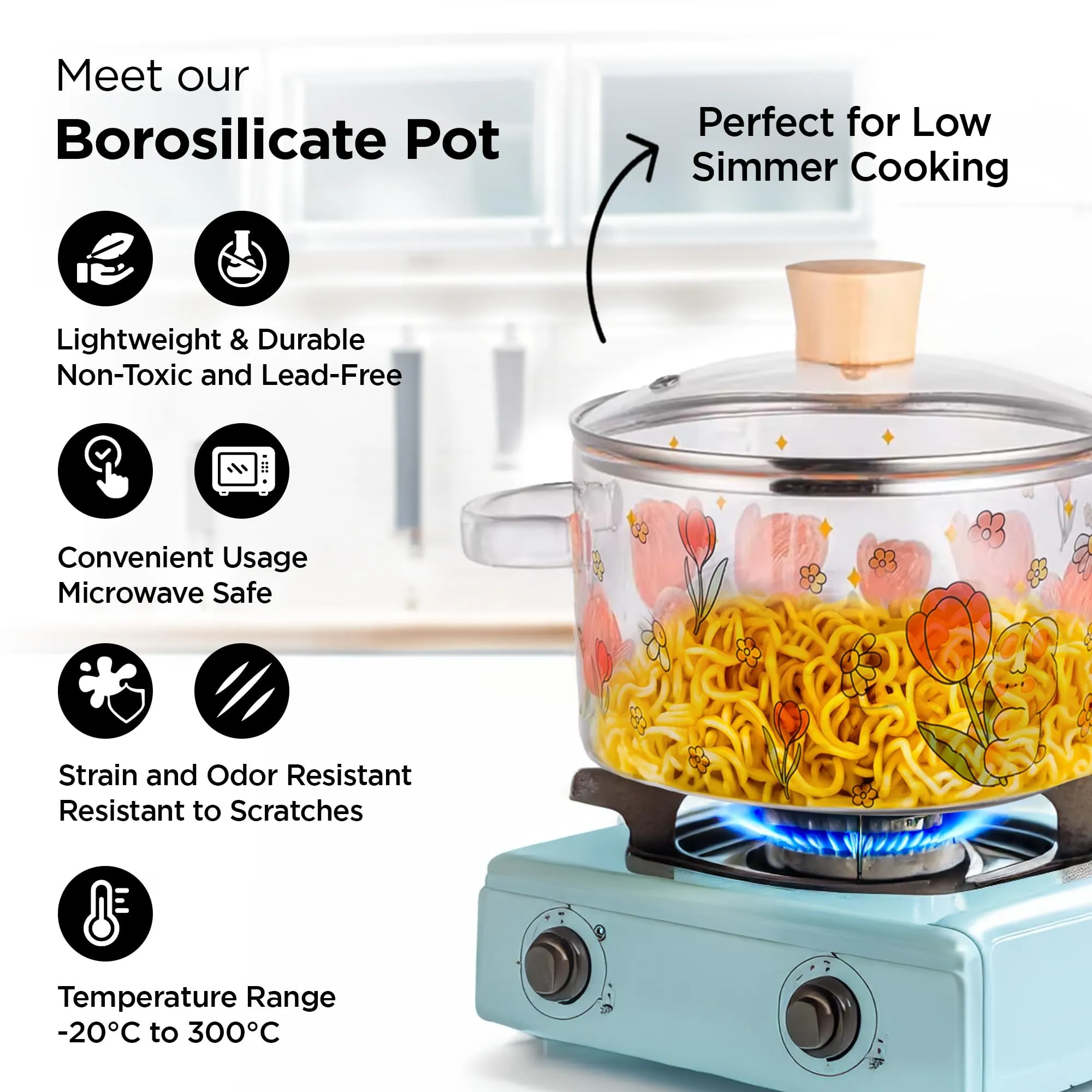 UMAI Borosilicate Glass Cookware for Gas Stove (1.45L) Saucepan with Lid & Handle | Electric Pottery Safe | Handi for Cooking | Microwave Safe | Cooktop for Tea/Milk/Pasta/Noodles/Rice (Flower Print)