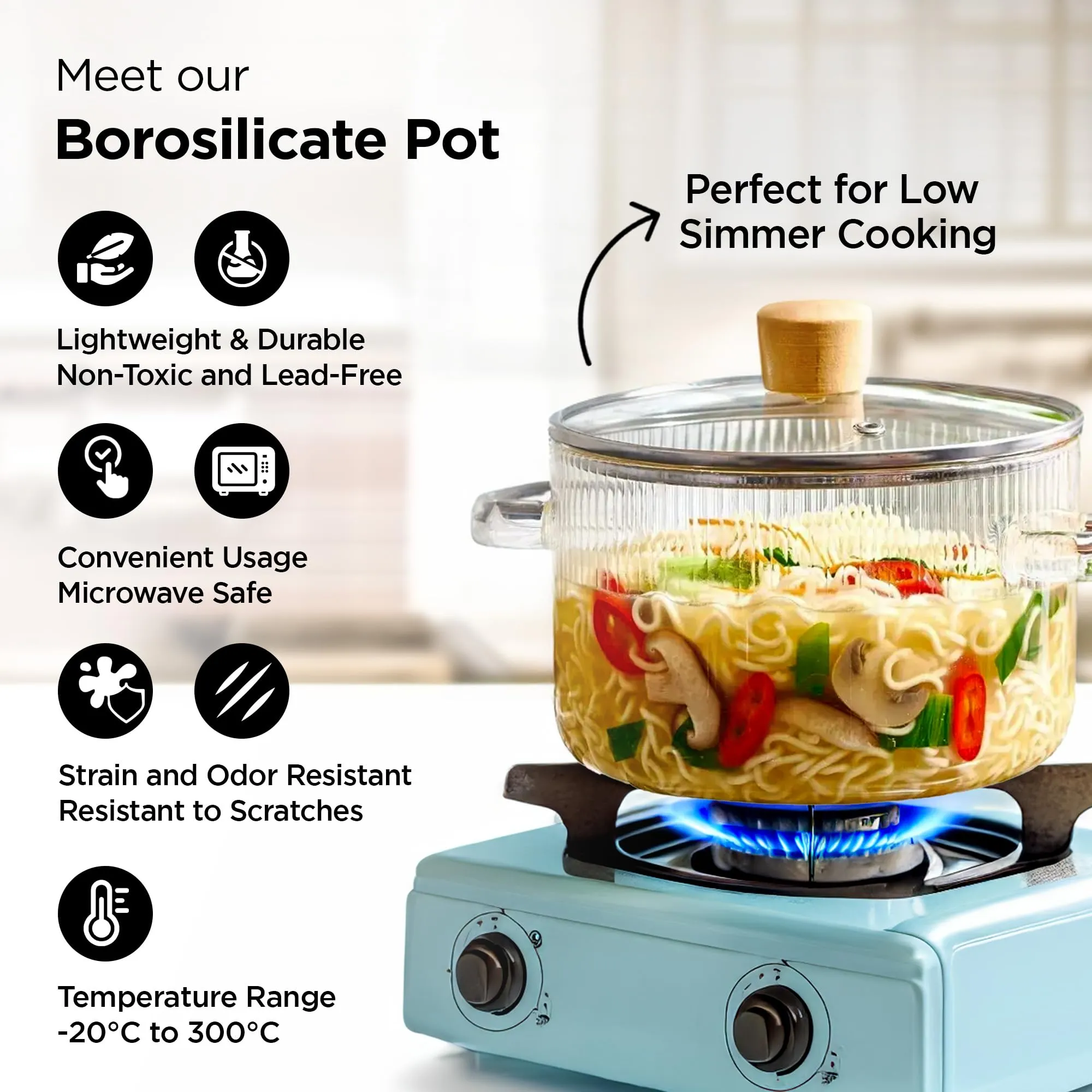 UMAI Borosilicate Glass Cookware for Gas Stove(1.45L) Tope with Lid | Biryani Handi Casserole with Lid | Electric Pottery | Saucepan with Lid, Handle for Cooking |Microwave Safe |Housewarming Gift