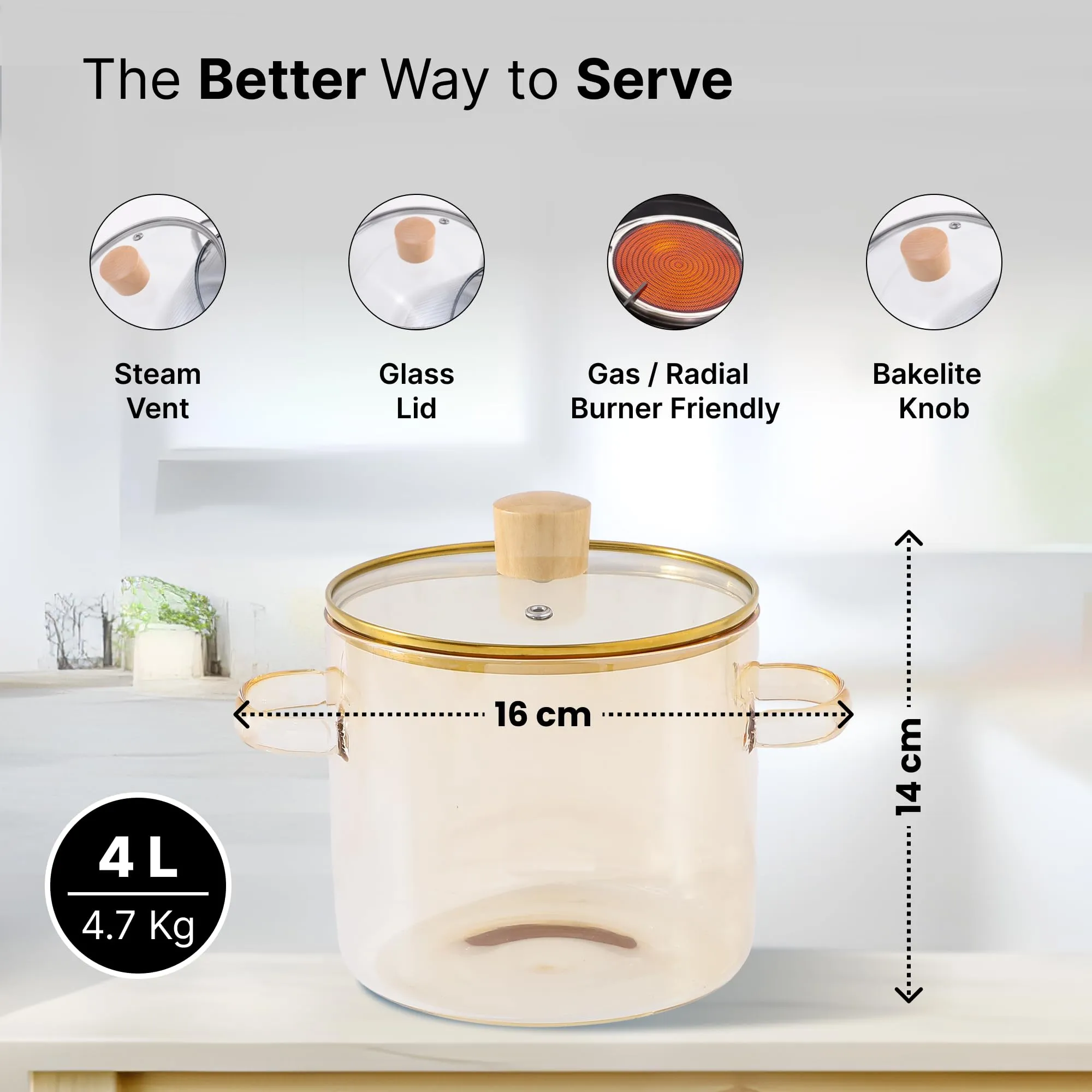 UMAI Borosilicate Glass Cookware for Gas with Lid & Handle (2.3 L) | Electric Pottery Safe | Handi for Cooking | Microwave Safe | Boiling Pan | Cooktop for Tea/Milk/Pasta/Noodles/Rice (Amber)