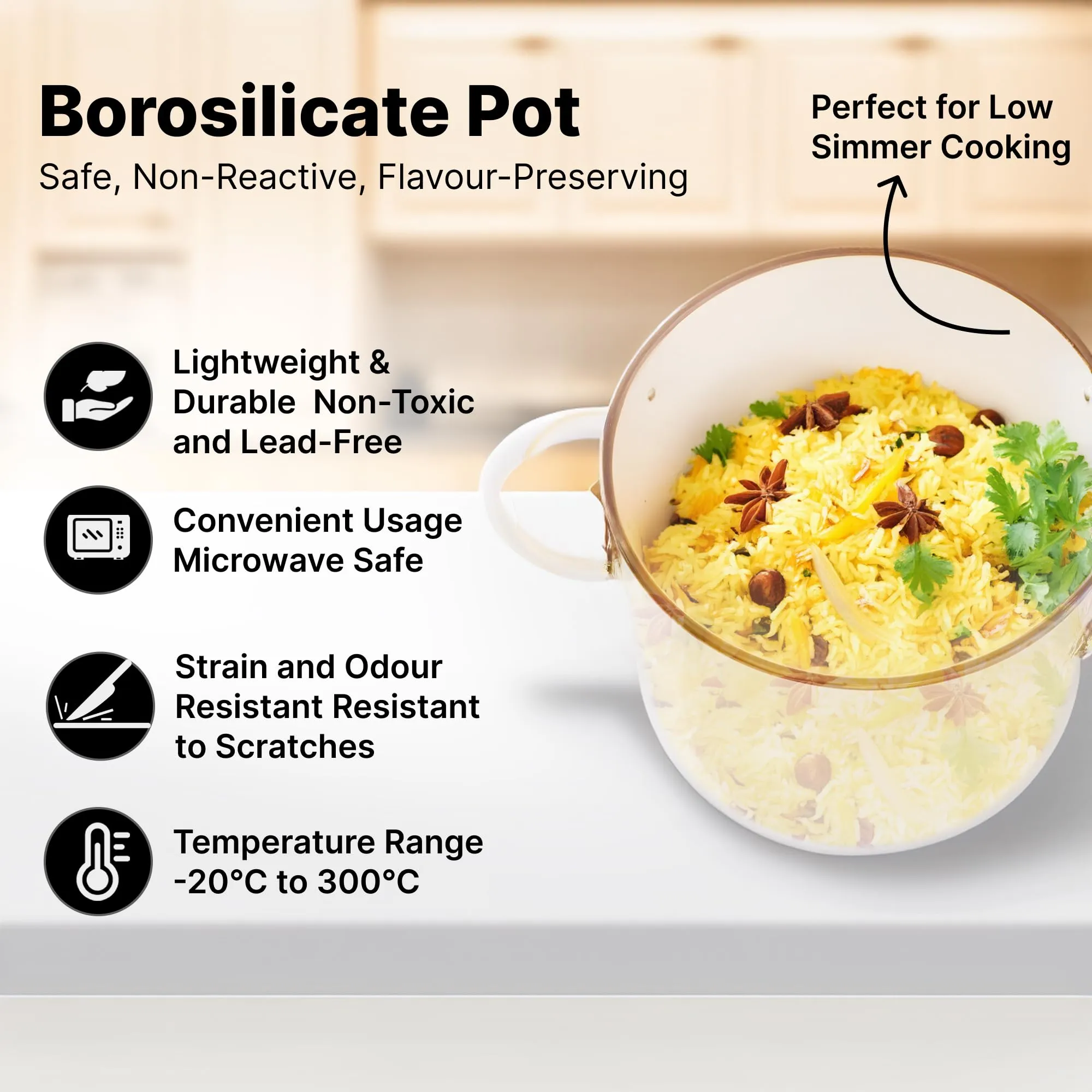 UMAI Borosilicate Glass Cookware for Gas with Lid & Handle (2.3 L) | Electric Pottery Safe | Handi for Cooking | Microwave Safe | Boiling Pan | Cooktop for Tea/Milk/Pasta/Noodles/Rice (Amber)