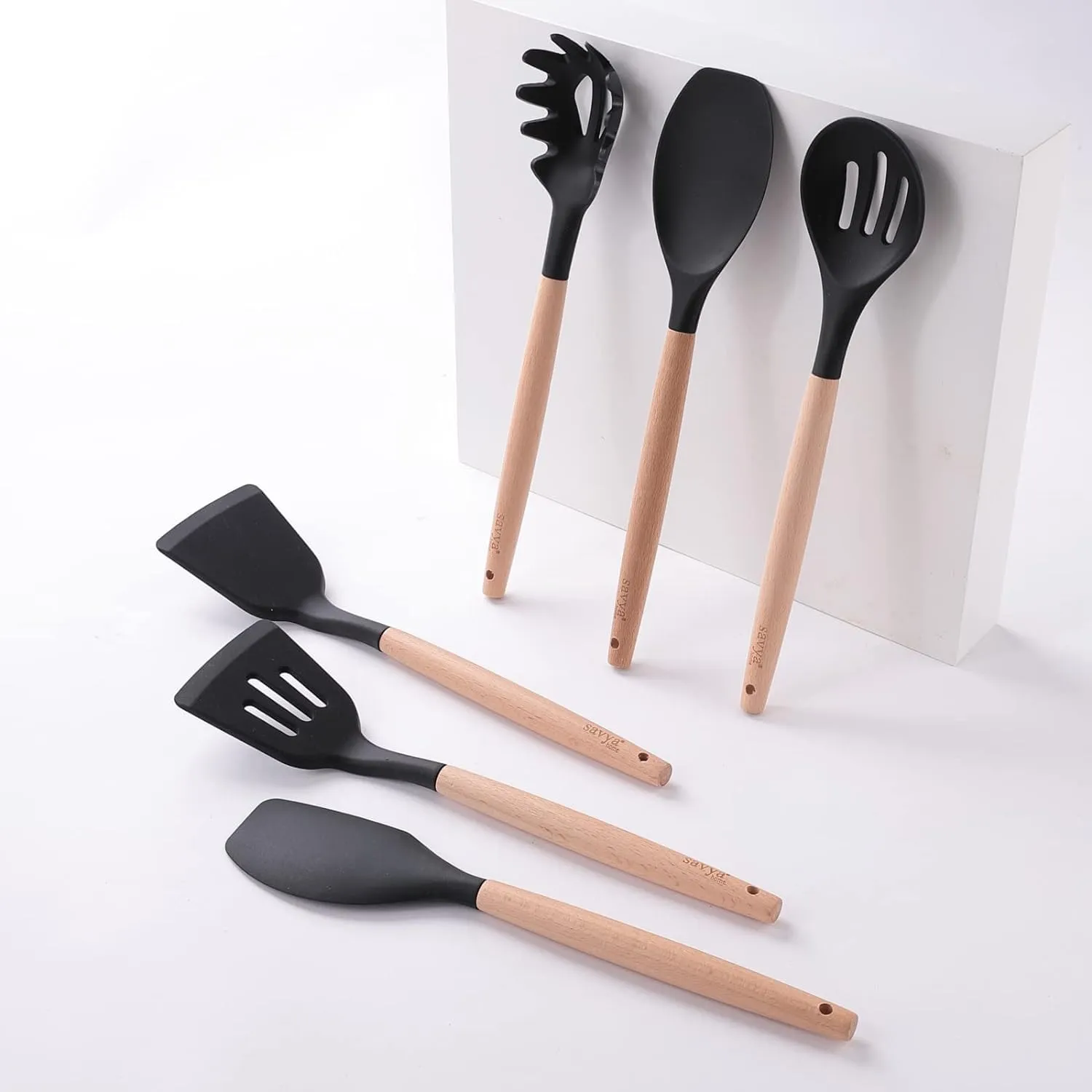 UMAI X SAVYA Home Black Silicon Spatula Set of 12 | BPA-Free & Food Grade Silicon | Non-Stick Cookware Set, Kitchen Utensils Set | Cooking & Baking Essentials | Heat Resistant | Dishwasher Safe