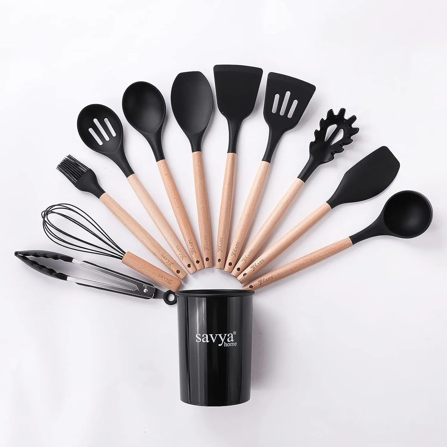 UMAI X SAVYA Home Black Silicon Spatula Set of 12 | BPA-Free & Food Grade Silicon | Non-Stick Cookware Set, Kitchen Utensils Set | Cooking & Baking Essentials | Heat Resistant | Dishwasher Safe