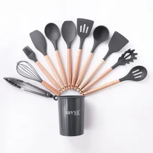 UMAI X SAVYA Home Grey Silicon Spatula Set of 12 | BPA-Free & Food Grade Silicon | Non-Stick Cookware Set, Kitchen Utensils Set | Cooking & Baking Essentials | Heat Resistant | Dishwasher Safe