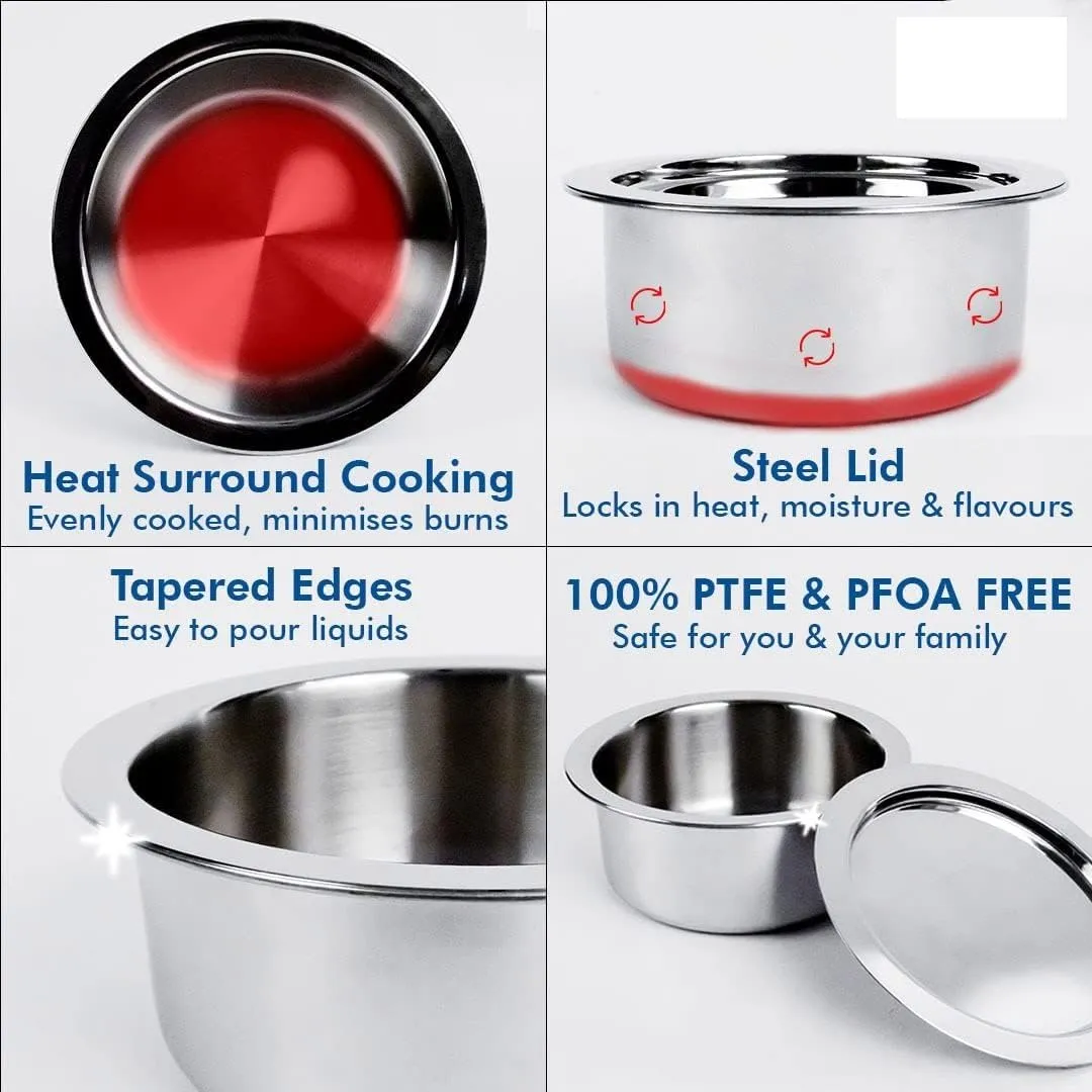 UMAI X SAVYA Home Triply Stainless Steel Tope (Patila) with Lid | Handi Casserole with lid | 1.5 L | 16 cm Diameter | 100% PTFE and PFOA F | Stainless Steel Cookware (1.5 litres) (3 litres)