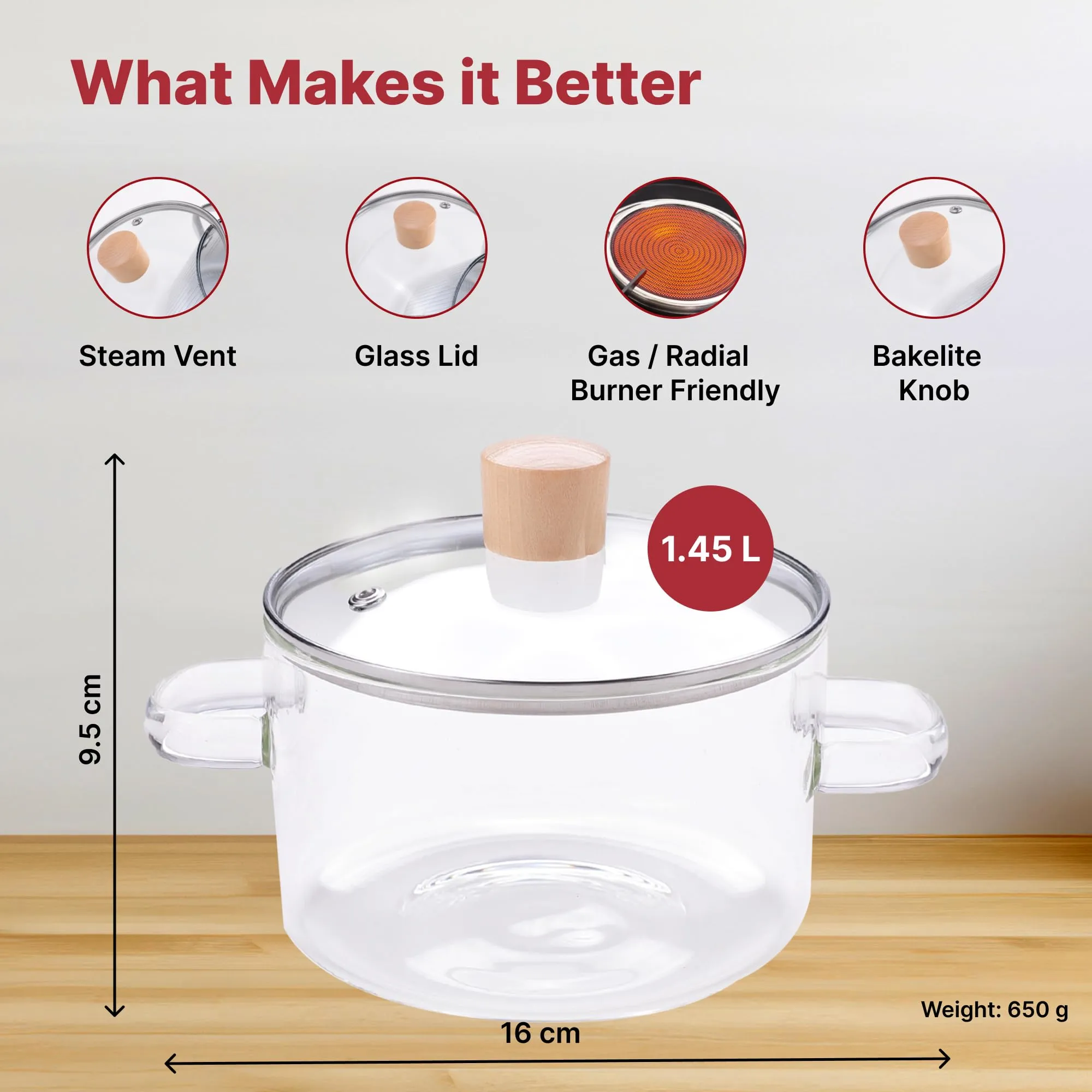 USHA SHRIRAM Borosilicate Sauce Pan with Lid & Handle (1.45L) | Small Milk Tea Pan | Boiling Pan | Patila for Cooking, Boiling | Glass Cookware for Gas Stove | Gift for Housewarming (Transparent)