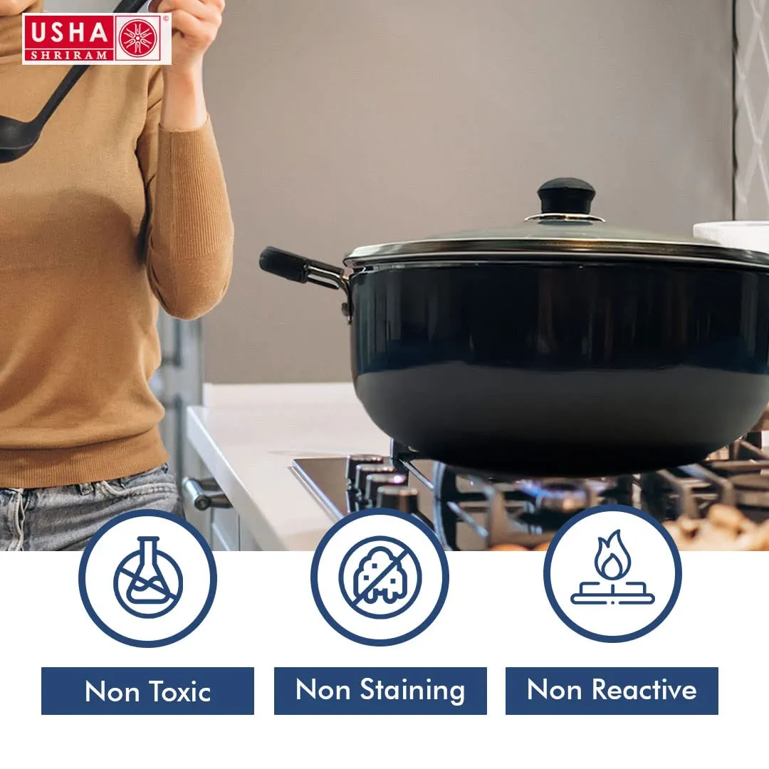 USHA SHRIRAM Non Stick Cookware Set - Fry Pan 26 cm & Kadai 4.4 litres | Induction & Gas Kadai with Glass Lid | Scratch Resistant | Anodised Aluminium Kadai | Sturdy Handles- Kitchen Set for Home