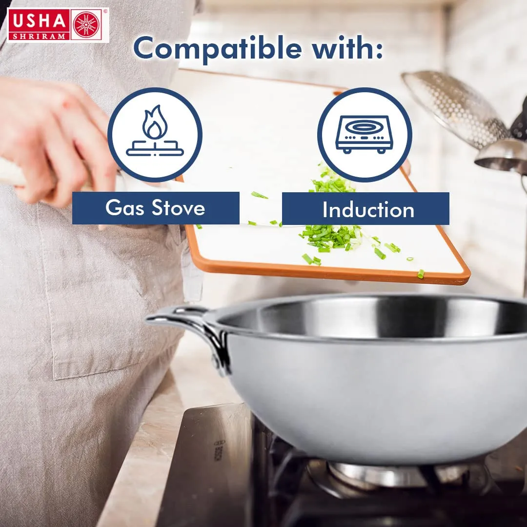 USHA SHRIRAM Triply Stainless Steel Kadai with Lid (2.2L) & Non Stick Kadai with Lid (2.4L) | Stove & Induction Cookware | Heat Surround Cooking | Heavy Bottom Kadai | Deep Frying Kadhai