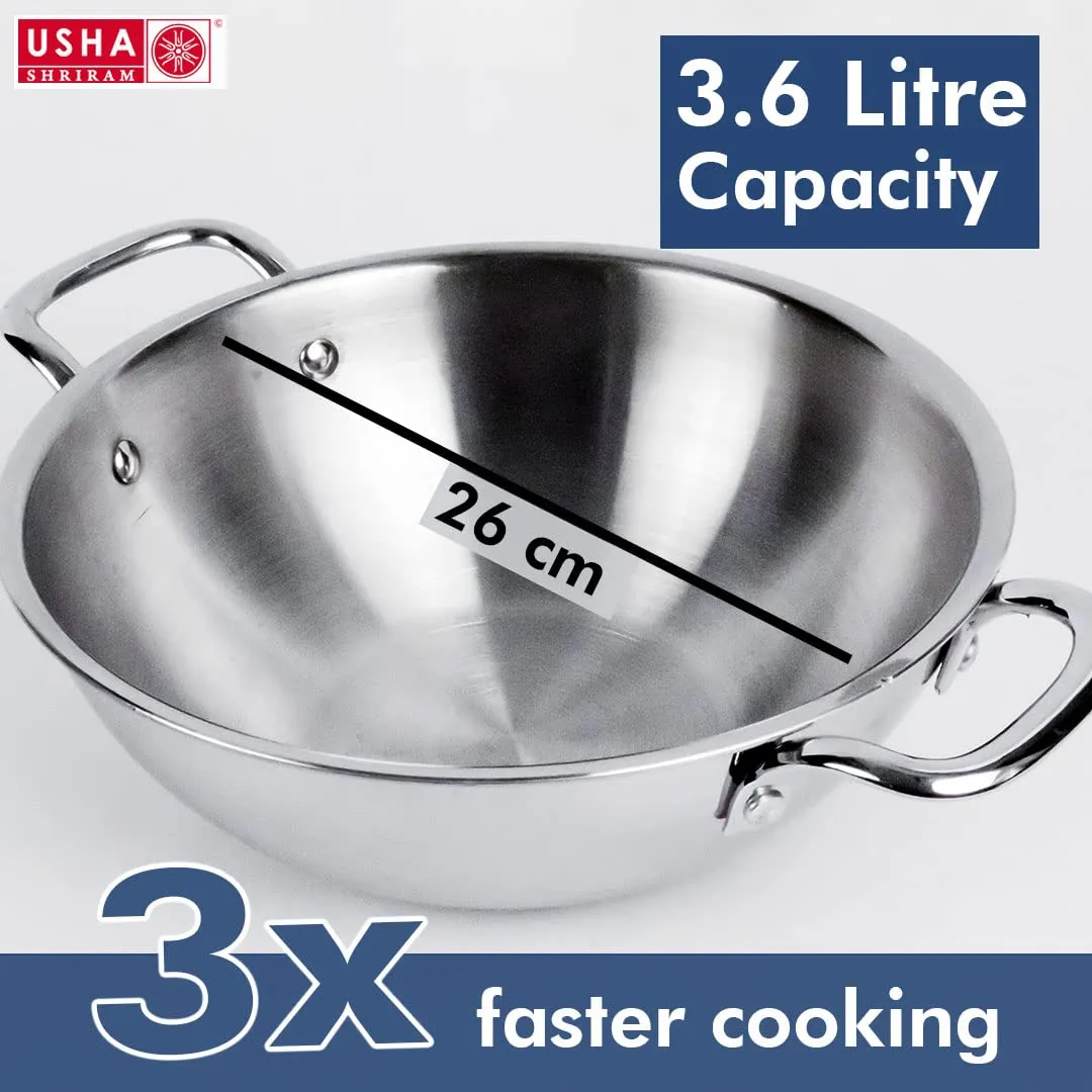 USHA SHRIRAM Triply Stainless Steel Kadai with Lid (2.2L) & Non Stick Kadai with Lid (2.4L) | Stove & Induction Cookware | Heat Surround Cooking | Heavy Bottom Kadai | Deep Frying Kadhai