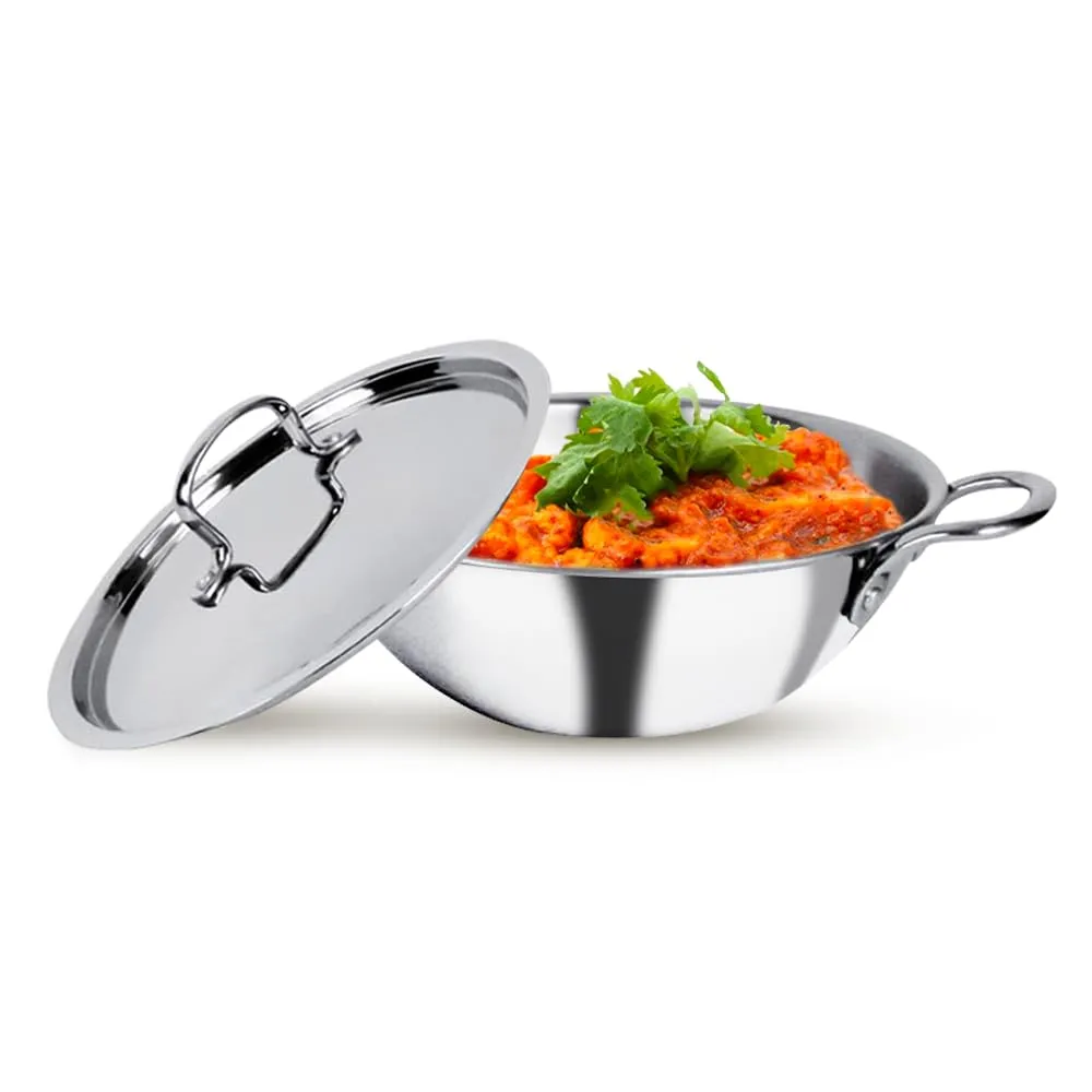 USHA SHRIRAM Triply Stainless Steel Kadai with Lid | 24 cm Diameter | 2.6 L Capacity | Stove & Induction Cookware | Heat Surround Cooking | Triply Stainless Steel cookware with lid