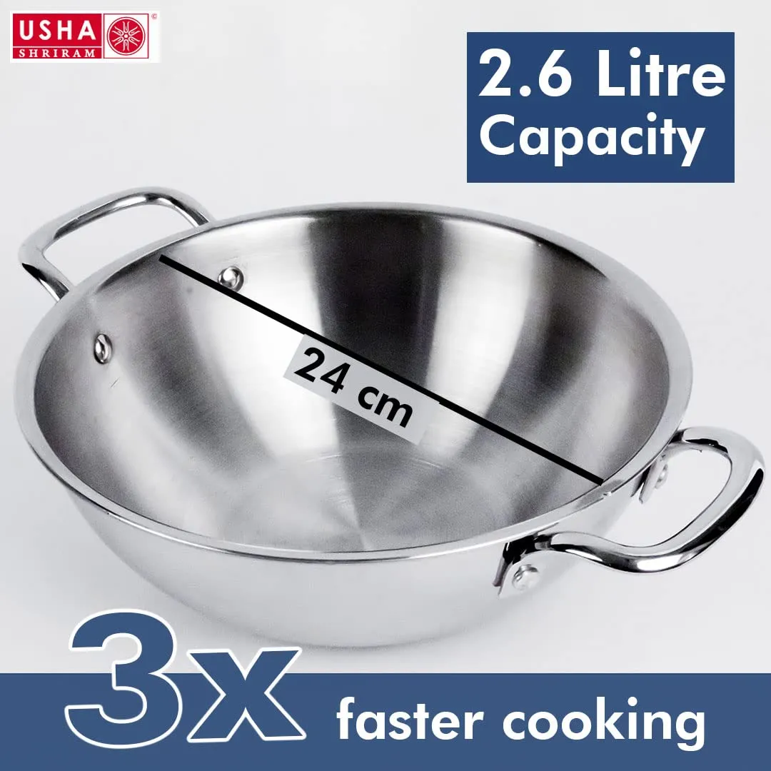 USHA SHRIRAM Triply Stainless Steel Kadai with Lid | 24 cm Diameter | 2.6 L Capacity | Stove & Induction Cookware | Heat Surround Cooking | Triply Stainless Steel cookware with lid