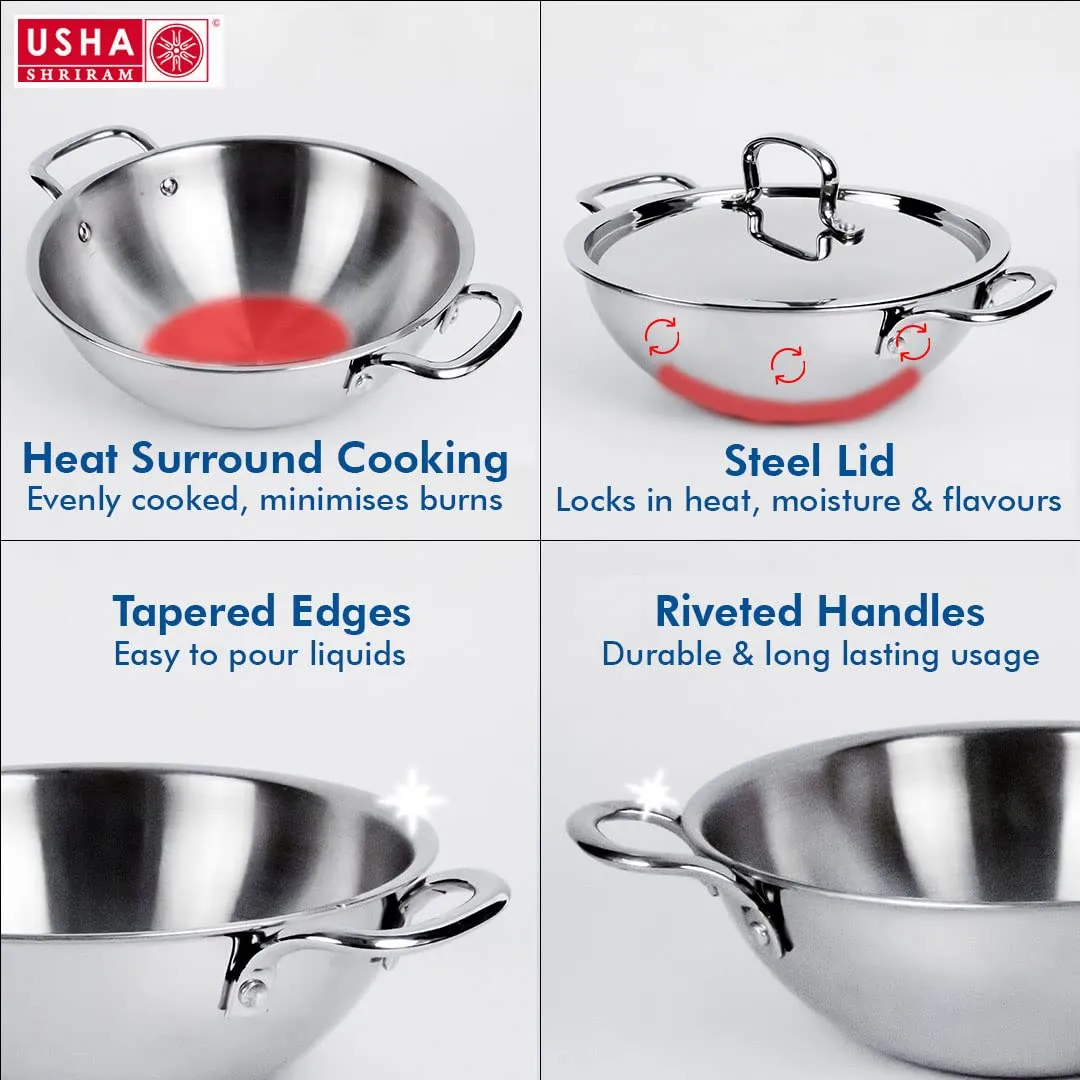 USHA SHRIRAM Triply Stainless Steel Kadai with Lid | 24 cm Diameter | 2.6 L Capacity | Stove & Induction Cookware | Heat Surround Cooking | Triply Stainless Steel cookware with lid