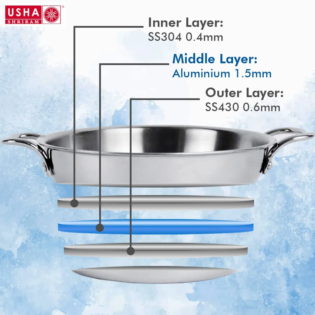 USHA SHRIRAM Triply Stainless Steel Kadai with Lid | 24 cm Diameter | 2.6 L Capacity | Stove & Induction Cookware | Heat Surround Cooking | Triply Stainless Steel cookware with lid