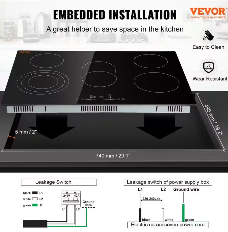 VEVOR Built in Electric Stove Top 30 in. 5 Burners Glass Radiant Cooktop with Sensor Touch Control, Timer and Child Lock,Black