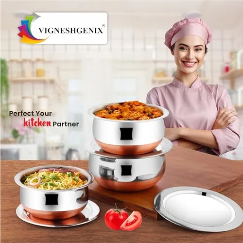 VIGNESHGENIX Copper Bottom 500ML 800ML 1200ML Handi Set with Lid Cover Cookware Set Serving Cooking Tope Bowl for Kitchen ((COPPER HANDI 3PICS LID))