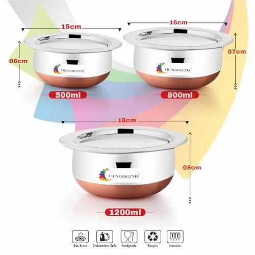 VIGNESHGENIX Copper Bottom 500ML 800ML 1200ML Handi Set with Lid Cover Cookware Set Serving Cooking Tope Bowl for Kitchen ((COPPER HANDI 3PICS LID))