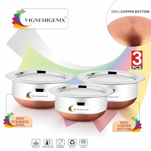 VIGNESHGENIX Copper Bottom 500ML 800ML 1200ML Handi Set with Lid Cover Cookware Set Serving Cooking Tope Bowl for Kitchen ((COPPER HANDI 3PICS LID))