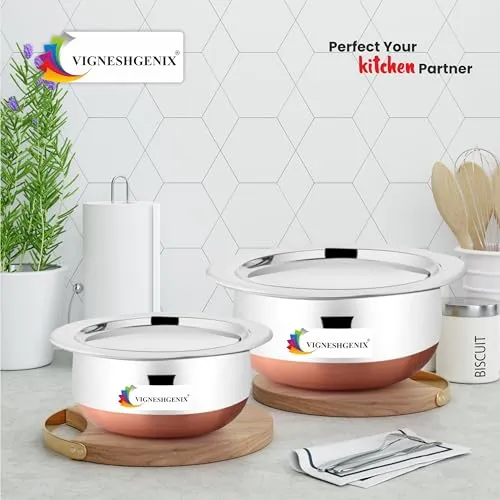 VIGNESHGENIX Copper Bottom 500ML 800ML 1200ML Handi Set with Lid Cover Cookware Set Serving Cooking Tope Bowl for Kitchen ((COPPER HANDI 3PICS LID))