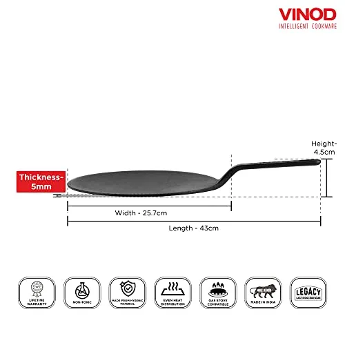 Vinod Legacy Pre Seasoned Cast Iron Flat Roti Tawa with Handle - 28 cm/Chapati, Dosa, Naan, Omlette Kallu Tava / 100% Pure Naturally Non Stick/Toxin & Rust Free/Gas Base