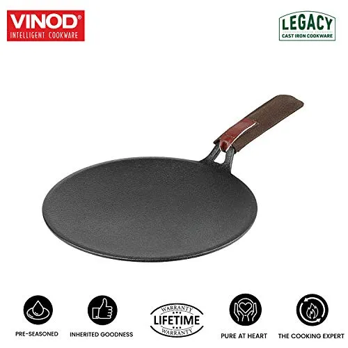 Vinod Legacy Pre Seasoned Cast Iron Flat Roti Tawa with Handle - 28 cm/Chapati, Dosa, Naan, Omlette Kallu Tava / 100% Pure Naturally Non Stick/Toxin & Rust Free/Gas Base