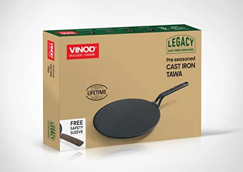 Vinod Legacy Pre Seasoned Cast Iron Flat Roti Tawa with Handle - 28 cm/Chapati, Dosa, Naan, Omlette Kallu Tava / 100% Pure Naturally Non Stick/Toxin & Rust Free/Gas Base