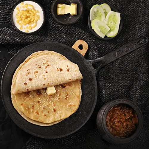 Vinod Legacy Pre Seasoned Cast Iron Flat Roti Tawa with Handle - 28 cm/Chapati, Dosa, Naan, Omlette Kallu Tava / 100% Pure Naturally Non Stick/Toxin & Rust Free/Gas Base