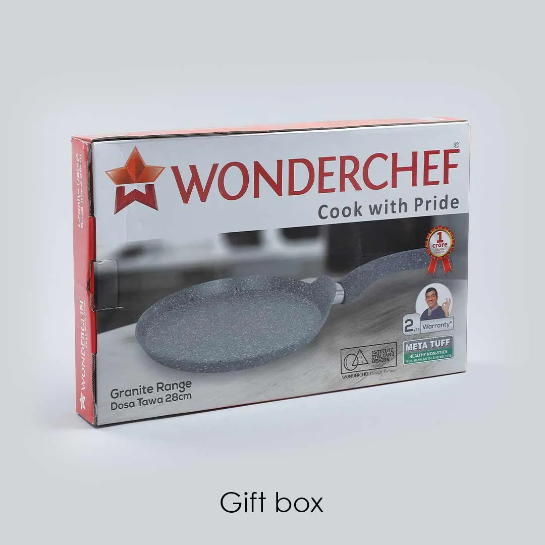 Wonderchef Renewed Granite 28cm Non-Stick Dosa Tawa | Induction Bottom | Soft-Touch Handles | Virgin Grade Aluminium | 3.5mm Thick | PFOA/Heavy Metals Free