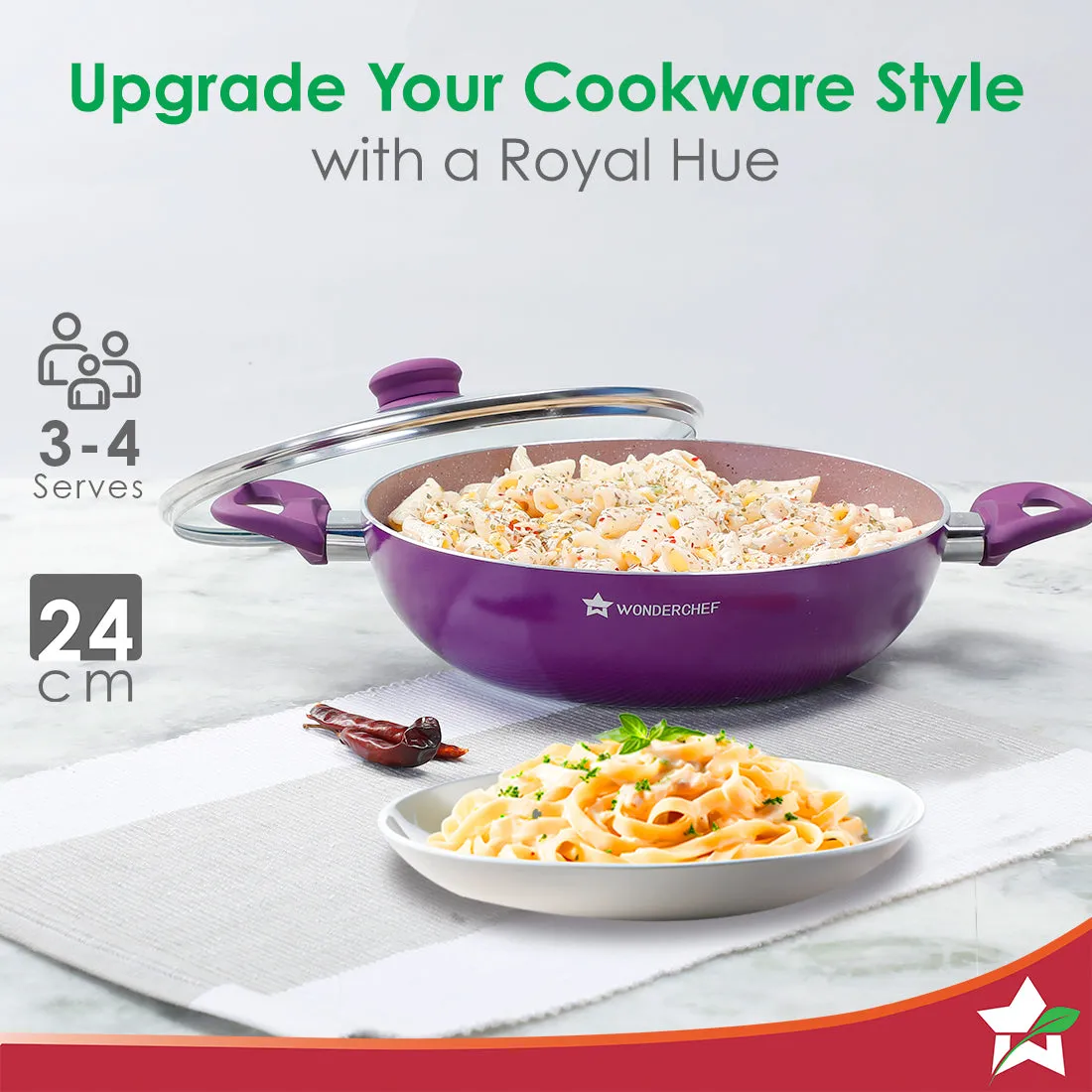 Wonderchef Renewed Royal Velvet Non-stick 24cm Kadhai with Handles (without Lid) | Induction Ready | Soft-touch handles | Non-Toxic I Virgin Grade Aluminium | 3mm Thick