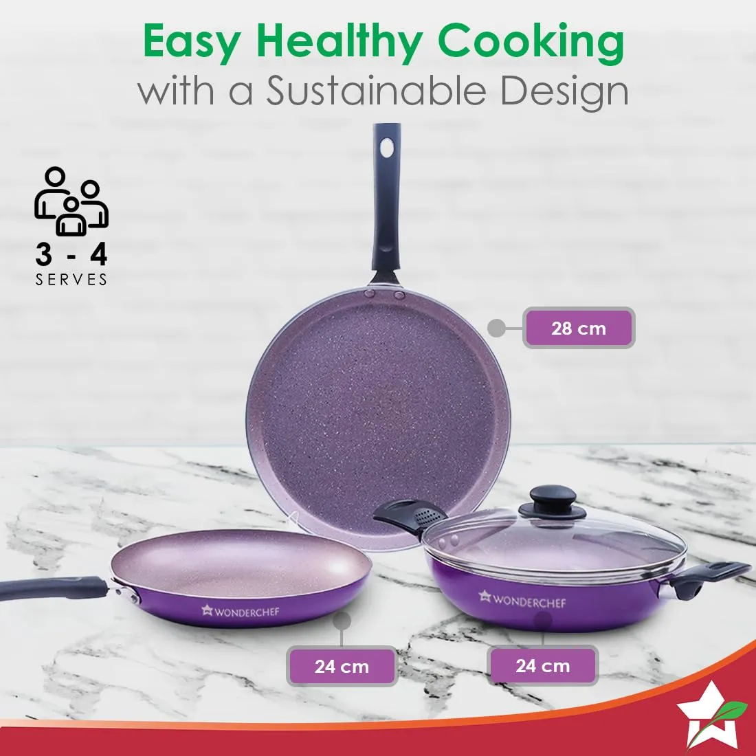 Wonderchef Valencia Non-Stick Cookware 4 Piece Set | Kadhai with Lid 24 cm, Fry Pan 24 cm, Dosa Tawa 28 cm | Pure Grade Aluminium| PFOA Free| 2 Years Warranty | Purple