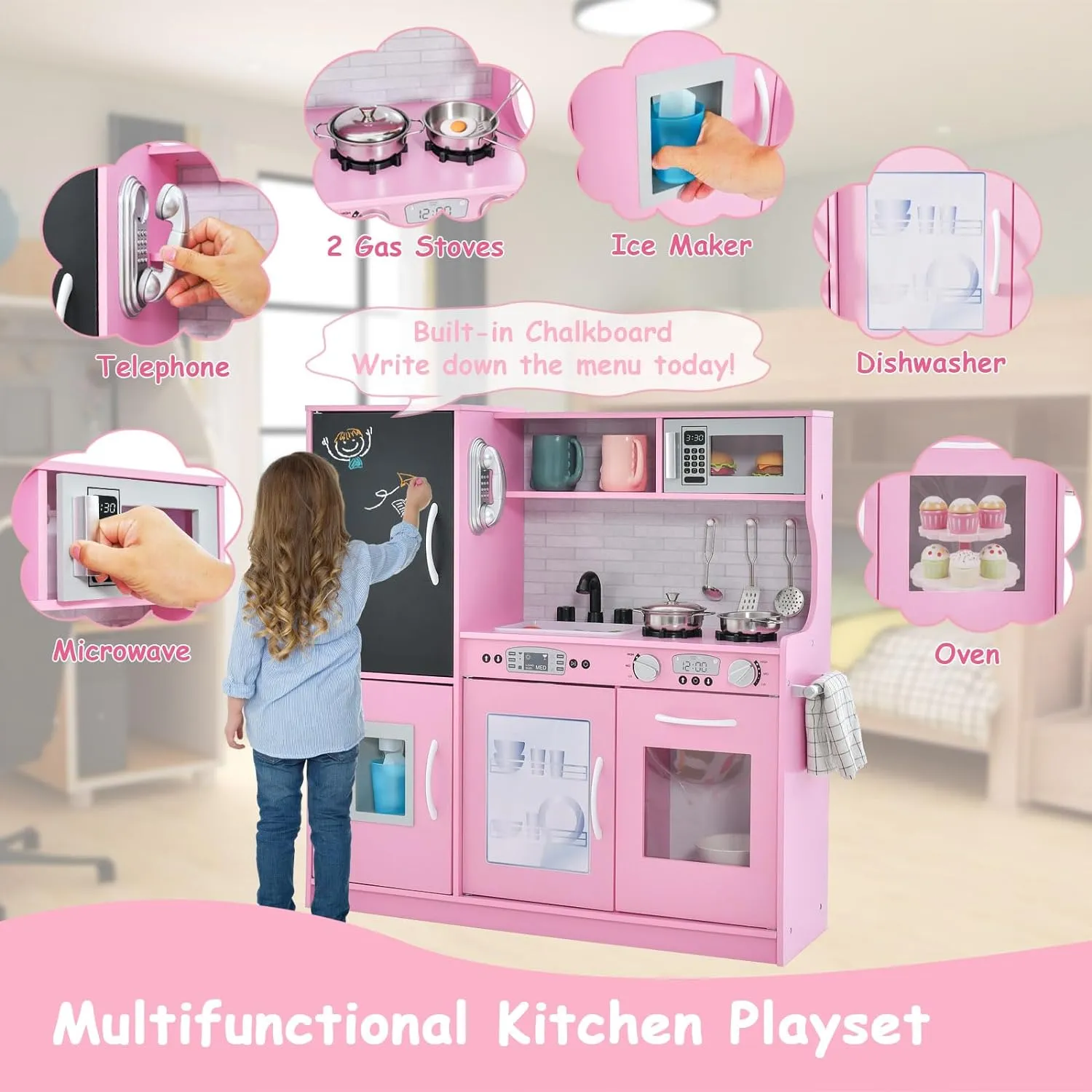 Wooden Kids Kitchen Toys Pretend Play Set Toddler Children Cooking Home Cookware - pink