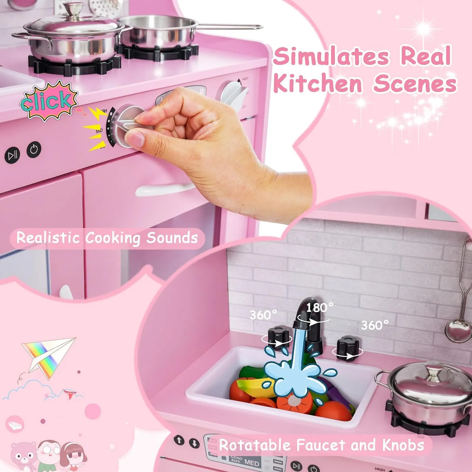 Wooden Kids Kitchen Toys Pretend Play Set Toddler Children Cooking Home Cookware - pink